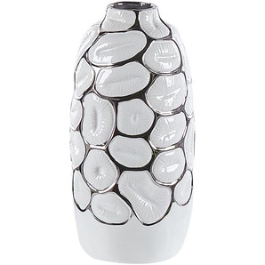 Dekovase Weiß Steinzeug 34 cm mit Strukturmuster in Silber Glänzende Strukturoberfläche Deko Accessoires Wohnzimmer Schlafzimmer Flur Kamin