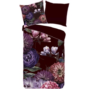Wendebettwäsche DESCANSO Bloomie Bettwäsche Gr. B/L: 135 cm x 200 cm (1 St.), B/L: 80 cm x 80 cm (1 St.), Satin (Bio-Baumwolle), bunt (bordeaux, rot) Satin-Bettwäsche mit Biese
