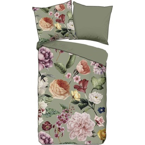 Wendebettwäsche DESCANSO Fiori Bettwäsche Gr. B/L: 155 cm x 220 cm (1 St.), B/L: 80 cm x 80 cm (1 St.), Satin (Bio-Baumwolle), grün Satin-Bettwäsche mit Biese