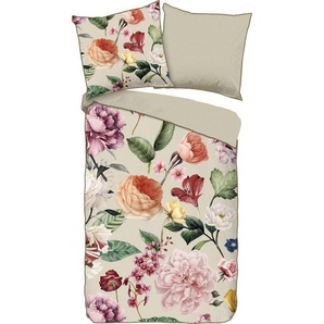 Descanso Wendebettwäsche Fiori, Satin (Bio-Baumwolle), 2 teilig, Baumwolle, Satin, 135x200, Biese, Reißverschluss, Wende, Blumen Sand