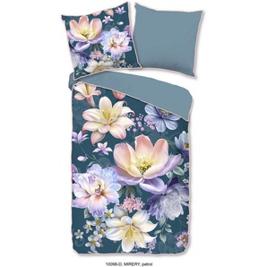 Descanso Wendebettwäsche Mirery, Renforcé, 3 teilig, Satin, Reißverschluss, Paspel, Biese, Wendeoptik, Luxe, Blumen, Petrol