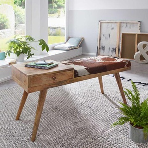 Design Dielenbank aus Mangobaum Massivholz Kuhfellbezug