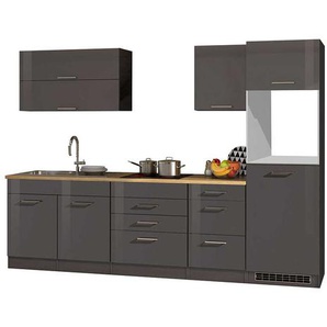 Design Küchenzeile in Grau Hochglanz 290 cm breit (siebenteilig)