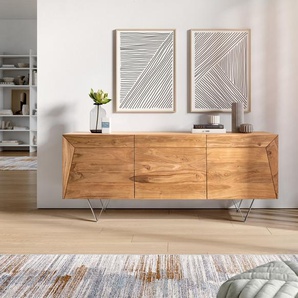 Design-Sideboard Wyatt 175 cm Akazie Natur 3D Optik 3 Türen Edelstahl, Sideboards