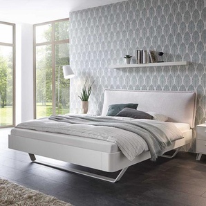 Designbett in Weiß gepolstertem Kopfteil in Beige