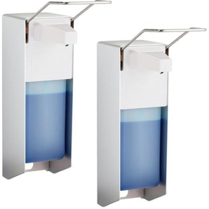 Desinfektionsspender, 2er Set, 1000 ml, Eurospender für Desinfektionsmittel & Seife, Wandmontage, silber/weiß - Relaxdays