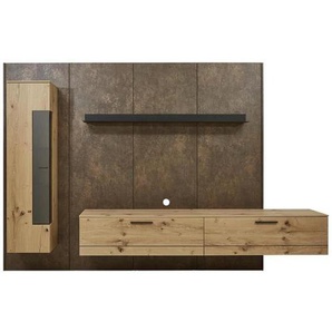 Dieter Knoll Wohnwand Gwinner , Anthrazit, Eiche, Rost , Metall , Balkeneiche , furniert , 4,5 Fächer , 1 x 2 Schubladen , 307x213.2x47.2-55.2 cm , RAL Testat, Goldenes M, Made in Germany, DGM , erweiterbar, Typenauswahl, individuell planbar, Beimöbel