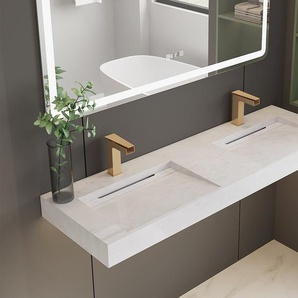 Doppelwaschbecken hängend - 140,2 x 45,2 x 8 cm - Weiß mit Marmor-Optik - KODIAK