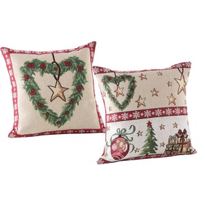 Kissenhülle DREAMS Weihnachtszeit, Weihnachtsdeko Kissenbezüge Gr. B/L: 50 cm x 50 cm, 2 St., Baumwolle-Polyester, bunt (natur, rot, beige, grün) Kissenbezüge gemustert