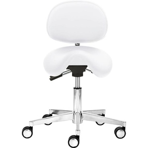 Drehhocker MAYER SITZMÖBEL 1247 Hocker Gr. B/H/T: 56 cm x 77 cm x 58 cm, Kunstleder, Sitz und Rücken gepolstert-mit Sattelsitz und beweglicher Rückenstütze-stufenlose Rücken- und Sitzneigung-höhenverstellbar, weiß (polarweiß) Bürohocker Drehhocker