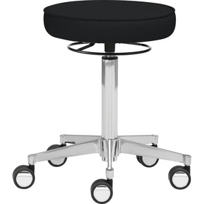 Drehhocker MAYER SITZMÖBEL 1295 Hocker Gr. B/H/T: 48 cm x 53 cm x 48 cm, Kunstleder, gepolsterter Physioteller-hohe Chrom-Gasfeder-höhenverstellbar-360 Bewegungsfreiheit-Hartbodenrollen mit Chromblende, schwarz (brillantschwarz) Bürohocker Drehhocker