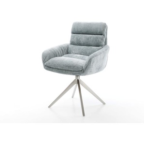 Drehstuhl Abelia-Flex mit Armlehnen Chenille Pastellblau Kreuzgestell breit Edelstahl 360° drehbar Wippfunktion, Esszimmerstühle