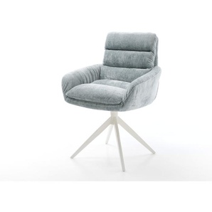 Drehstuhl Abelia-Flex mit Armlehnen Chenille Pastellblau Kreuzgestell breit Weiß 360° drehbar Wippfunktion, Esszimmerstühle