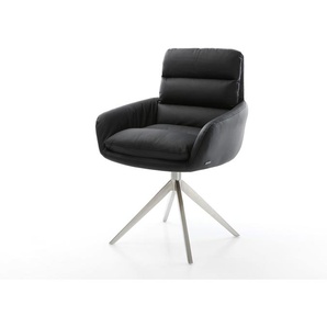 Drehstuhl Abelia-Flex mit Armlehnen Echt-Leder Schwarz Kreuzgestell breit Edelstahl 360° drehbar Wippfunktion, Esszimmerstühle