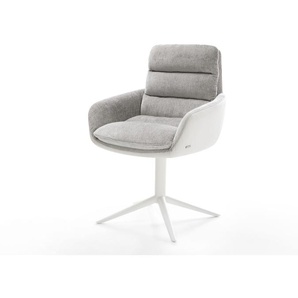 Drehstuhl Abelia-Flex mit Armlehnen Materialmix Echtleder Weiß-Silbergrau Fußkreuz Weiß 360° drehbar Wippfunktion, Esszimmerstühle