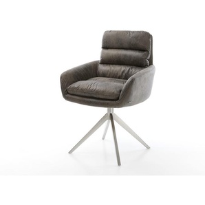 Drehstuhl Abelia-Flex mit Armlehnen Mikrofaser Grau Antik Kreuzgestell breit Edelstahl 360° drehbar Wippfunktion, Esszimmerstühle