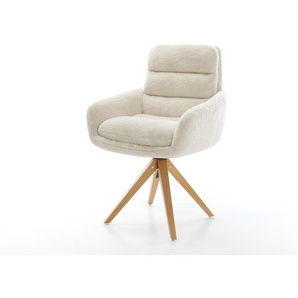 Drehstuhl Abelia-Flex mit Armlehnen Plüsch Creme-Weiß Holzgestell kantig Natur 180° drehbar, Esszimmerstühle
