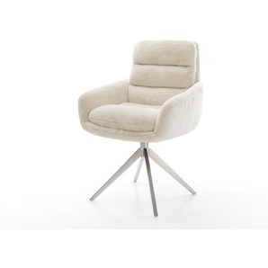 Drehstuhl Abelia-Flex mit Armlehnen Plüsch Creme-Weiß Kreuzgestell breit Edelstahl 360° drehbar Wippfunktion, Esszimmerstühle