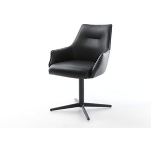 Drehstuhl Alja-Flex mit Armlehnen Echt-Leder Schwarz Fußkreuz Schwarz 360° drehbar Taschenfederkern, Esszimmerstühle