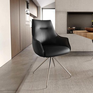 Drehstuhl Alja-Flex mit Armlehnen Echt-Leder Schwarz Kreuzgestell konisch Edelstahl 180° drehbar Taschenfederkern, Esszimmerstühle