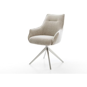 Drehstuhl Alja-Flex mit Armlehnen Webstoff Soft Beige Kreuzgestell breit Edelstahl 360° drehbar Taschenfederkern, Esszimmerstühle
