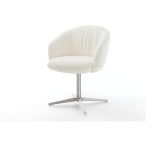 Drehstuhl Caja-Flex mit Armlehnen Bouclé Weiß Fußkreuz Edelstahl 360° drehbar Taschenfederkern, Esszimmerstühle