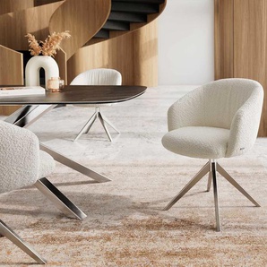 Drehstuhl Caja-Flex mit Armlehnen Bouclé Weiß Kreuzgestell breit Edelstahl 360° drehbar Taschenfederkern, Esszimmerstühle