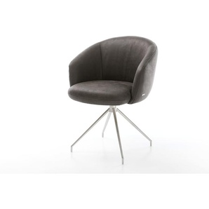 Drehstuhl Caja-Flex mit Armlehnen Mikrofaser Anthrazit Vintage Kreuzgestell konisch Edelstahl 180° drehbar Taschenfederkern, Esszimmerstühle