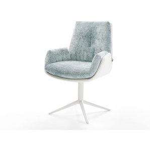 Drehstuhl Clea-Flex Materialmix Echtleder Weiß-Pastellblau Fußkreuz Weiß 360° drehbar Wippfunktion, Esszimmerstühle