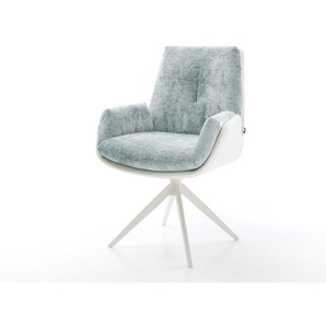Drehstuhl Clea-Flex Materialmix Echtleder Weiß-Pastellblau Kreuzgestell breit Weiß 360° drehbar Wippfunktion, Esszimmerstühle