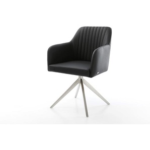 Drehstuhl Greg-Flex Echt-Leder Schwarz Kreuzgestell breit Edelstahl 360° drehbar Wippfunktion Taschenfederkern, Esszimmerstühle