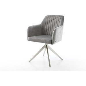 Drehstuhl Greg-Flex Samt Grau Kreuzgestell breit Edelstahl 360° drehbar Wippfunktion Taschenfederkern, Esszimmerstühle