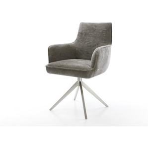 Drehstuhl Heira-Flex mit Armlehnen Bouclé Soft Schlamm Kreuzgestell breit Edelstahl 360° drehbar Wippfunktion Taschenfederkern, Esszimmerstühle