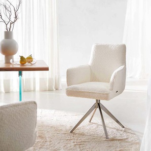 Drehstuhl Heira-Flex mit Armlehnen Bouclé Weiß Kreuzgestell breit Edelstahl 360° drehbar Taschenfederkern, Esszimmerstühle