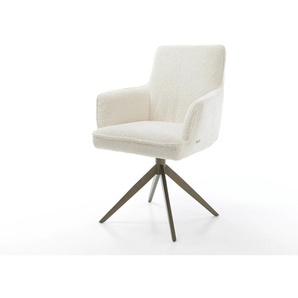 Drehstuhl Heira-Flex mit Armlehnen Bouclé Weiß Kreuzgestell breit Effektfinish Titan 360° drehbar Taschenfederkern, Esszimmerstühle