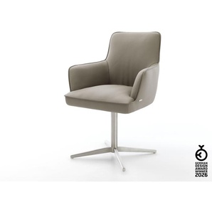 Drehstuhl Heira-Flex mit Armlehnen Echt-Leder Schlamm Fußkreuz Edelstahl 360° drehbar Taschenfederkern, Esszimmerstühle