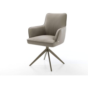 Drehstuhl Heira-Flex mit Armlehnen Echt-Leder Schlamm Kreuzgestell breit Effektfinish Titan 360° drehbar Taschenfederkern, Esszimmerstühle