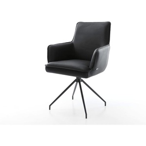 Drehstuhl Heira-Flex mit Armlehnen Echt-Leder Schwarz Kreuzgestell konisch Schwarz 180° drehbar Taschenfederkern, Esszimmerstühle