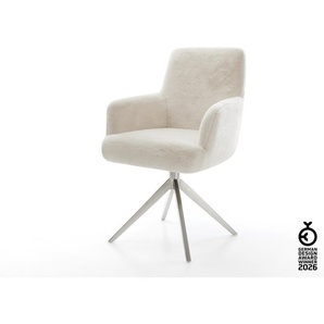 Drehstuhl Heira-Flex mit Armlehnen Plüsch Creme-Weiß Kreuzgestell breit Edelstahl 360° drehbar Wippfunktion Taschenfederkern, Esszimmerstühle