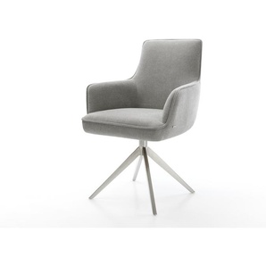 Drehstuhl Heira-Flex mit Armlehnen Strukturstoff Soft Grau Kreuzgestell breit Edelstahl 360° drehbar Wippfunktion Taschenfederkern, Esszimmerstühle