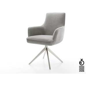 Drehstuhl Heira-Flex mit Armlehnen Strukturstoff Soft Grau Kreuzgestell breit Edelstahl 360° drehbar Wippfunktion Taschenfederkern, Esszimmerstühle