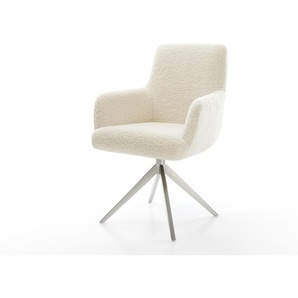 Drehstuhl Heira-Flex mit Armlehnen Teddystoff Beige Kreuzgestell breit Edelstahl 360° drehbar Wippfunktion Taschenfederkern, Esszimmerstühle
