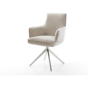 Drehstuhl Heira-Flex mit Armlehnen Webstoff Soft Beige Kreuzgestell breit Edelstahl 360° drehbar Wippfunktion Taschenfederkern, Esszimmerstühle