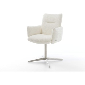 Drehstuhl Jova-Flex mit Armlehnen Bouclé Weiß Fußkreuz Edelstahl 360° drehbar Taschenfederkern, Esszimmerstühle