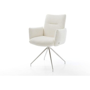 Drehstuhl Jova-Flex mit Armlehnen Bouclé Weiß Kreuzgestell konisch Edelstahl 180° drehbar Taschenfederkern, Esszimmerstühle