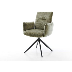 Drehstuhl Jova-Flex mit Armlehnen Chenille Olive Kreuzgestell breit Schwarz 360° drehbar Wippfunktion Taschenfederkern, Esszimmerstühle