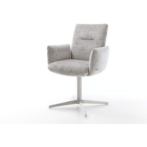 Drehstuhl Jova-Flex mit Armlehnen Chenille Silbergrau Fußkreuz Edelstahl 360° drehbar Taschenfederkern, Esszimmerstühle