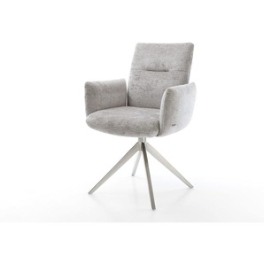 Drehstuhl Jova-Flex mit Armlehnen Chenille Silbergrau Kreuzgestell breit Edelstahl 360° drehbar Wippfunktion Taschenfederkern, Esszimmerstühle