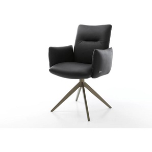 Drehstuhl Jova-Flex mit Armlehnen Echt-Leder Schwarz Kreuzgestell breit Effektfinish Titan 360° drehbar Taschenfederkern, Esszimmerstühle