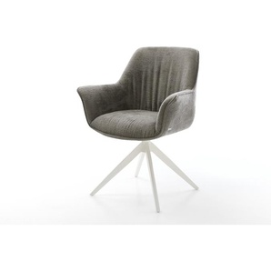 Drehstuhl Keila-Flex mit Armlehnen Bouclé Soft Schlamm Kreuzgestell breit Weiß 360° drehbar Wippfunktion, Esszimmerstühle